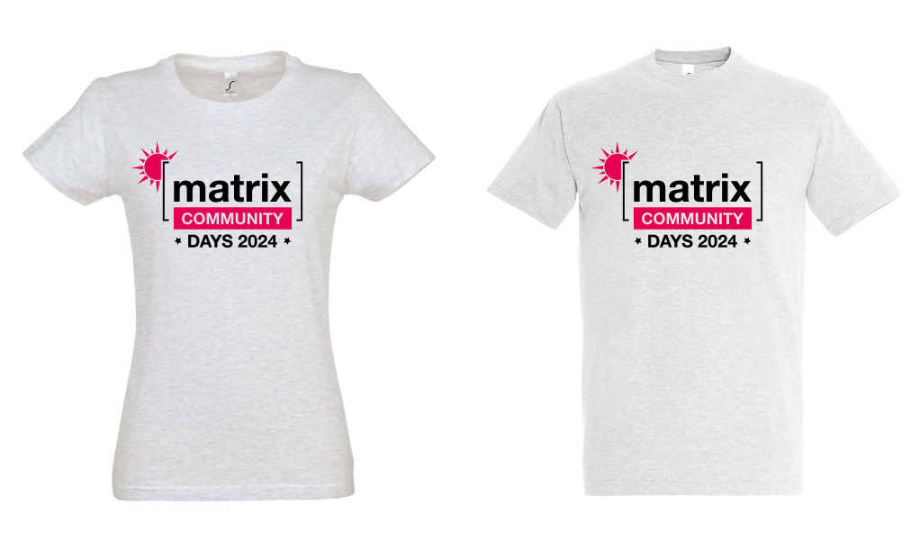 2 T-Shirts with the Matrix Community Days logo which is the Matrix logo with a red Community text and a sun